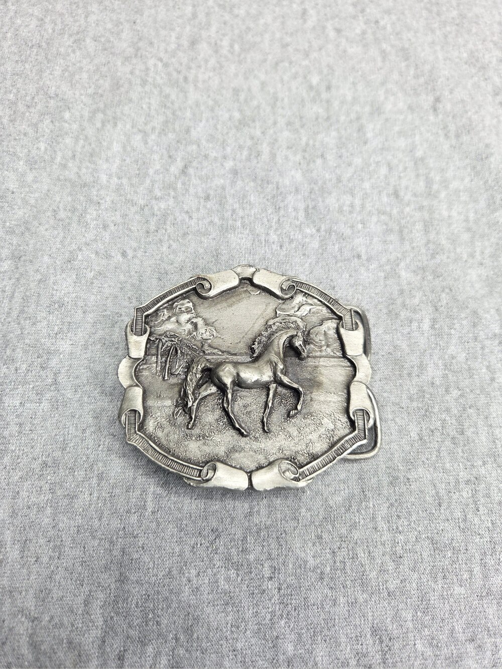Bergamot Brass Works Belt Buckle 1976 Arabian Horse Pewter Palm Vintage